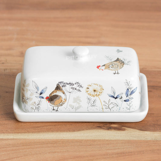 Country Hens Ceramic Butter Dish with Lid