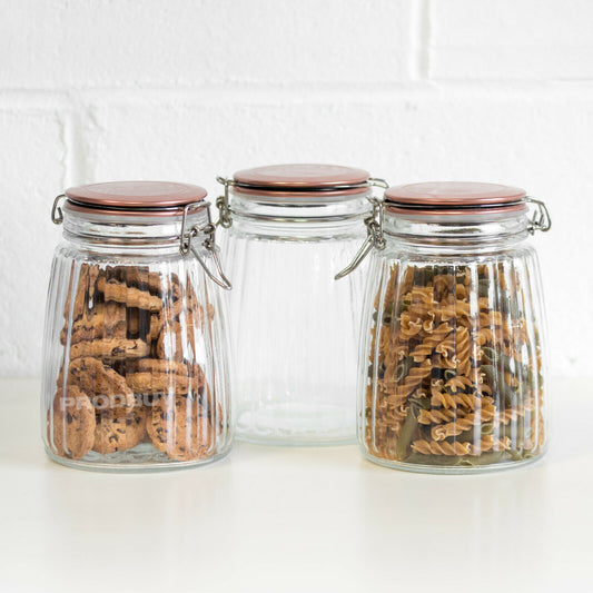 Set of 3 Ribbed Glass Clip Top Jars 1.5L with Copper Lids