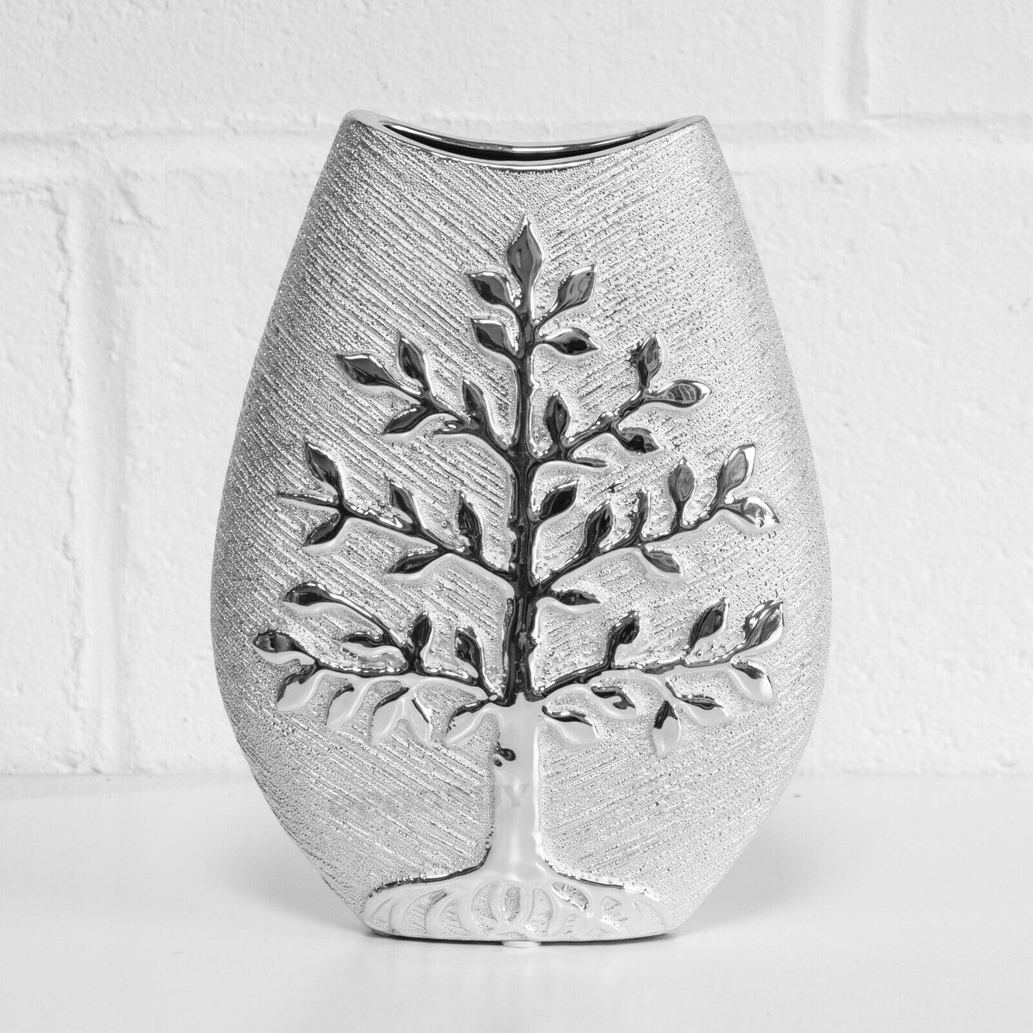 Silver Ceramic Oval Vase 25cm Embossed Woodland Tree Design