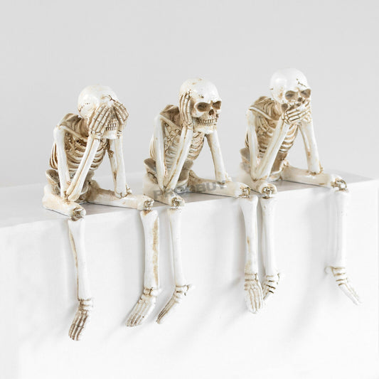 Set of 3 Skeleton Shelf Sitting Ornaments See Speak Hear No Evil Gothic Table Sitters