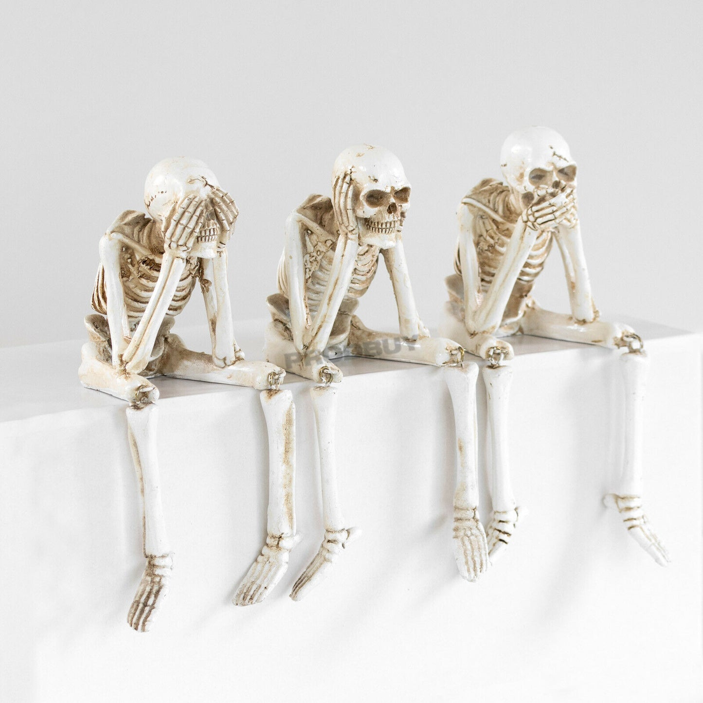 Set of 3 Skeleton Shelf Sitting Ornaments See Speak Hear No Evil Gothic Table Sitters