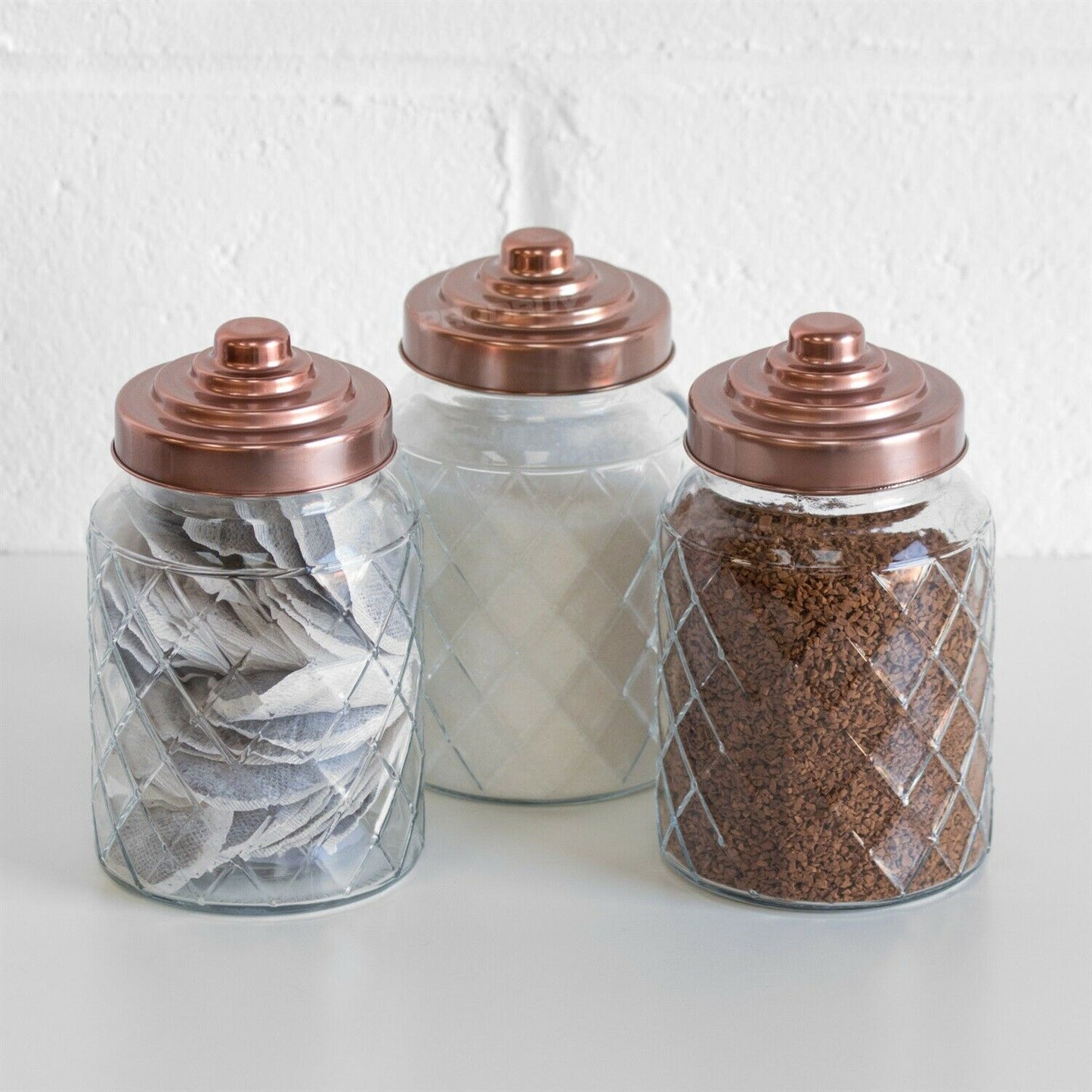 Set of 3 Glass 1L Kitchen Storage Jars with Copper Lids
