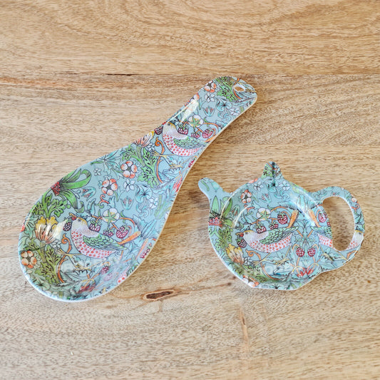 2 Piece William Morris Teal Strawberry Thief Tea Bag Tidy & Spoon Rest Set