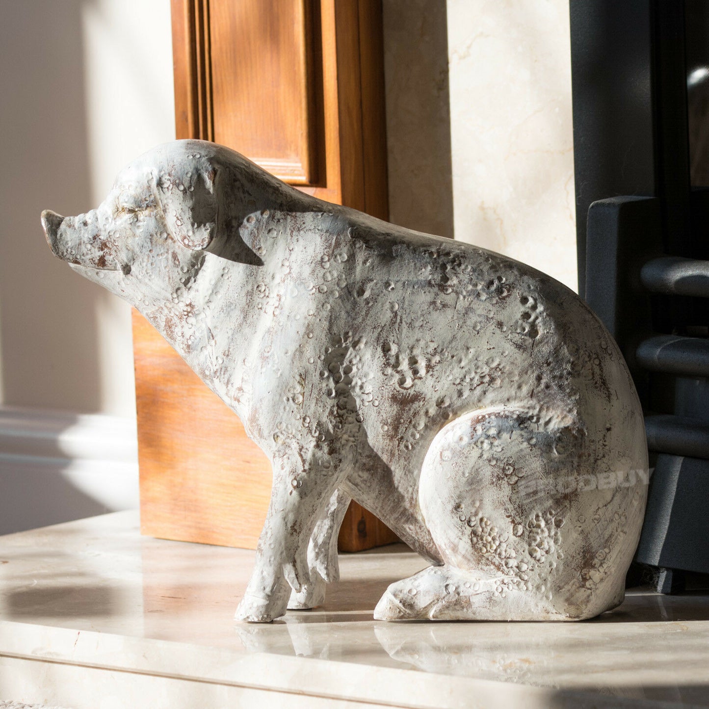 Large Rustic Whitewashed Sitting Pig Ornament