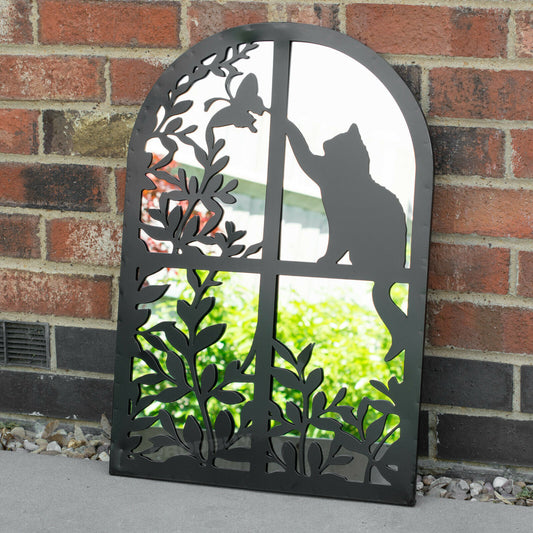 Cat 60cm Arch Black Metal Garden Mirror