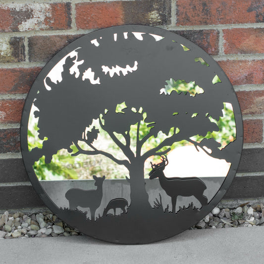Stags & Tree Round 50cm Black Metal Garden Mirror
