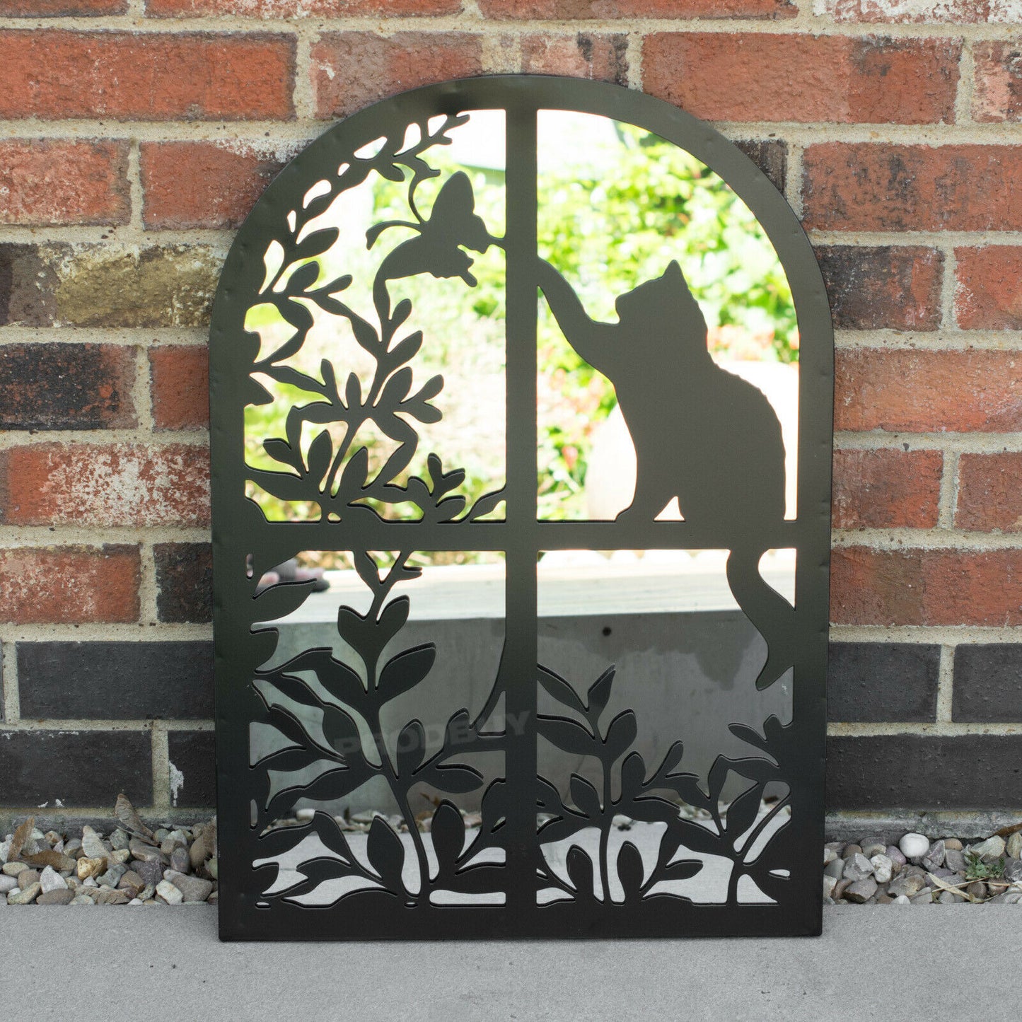 Cat 60cm Arch Black Metal Garden Mirror