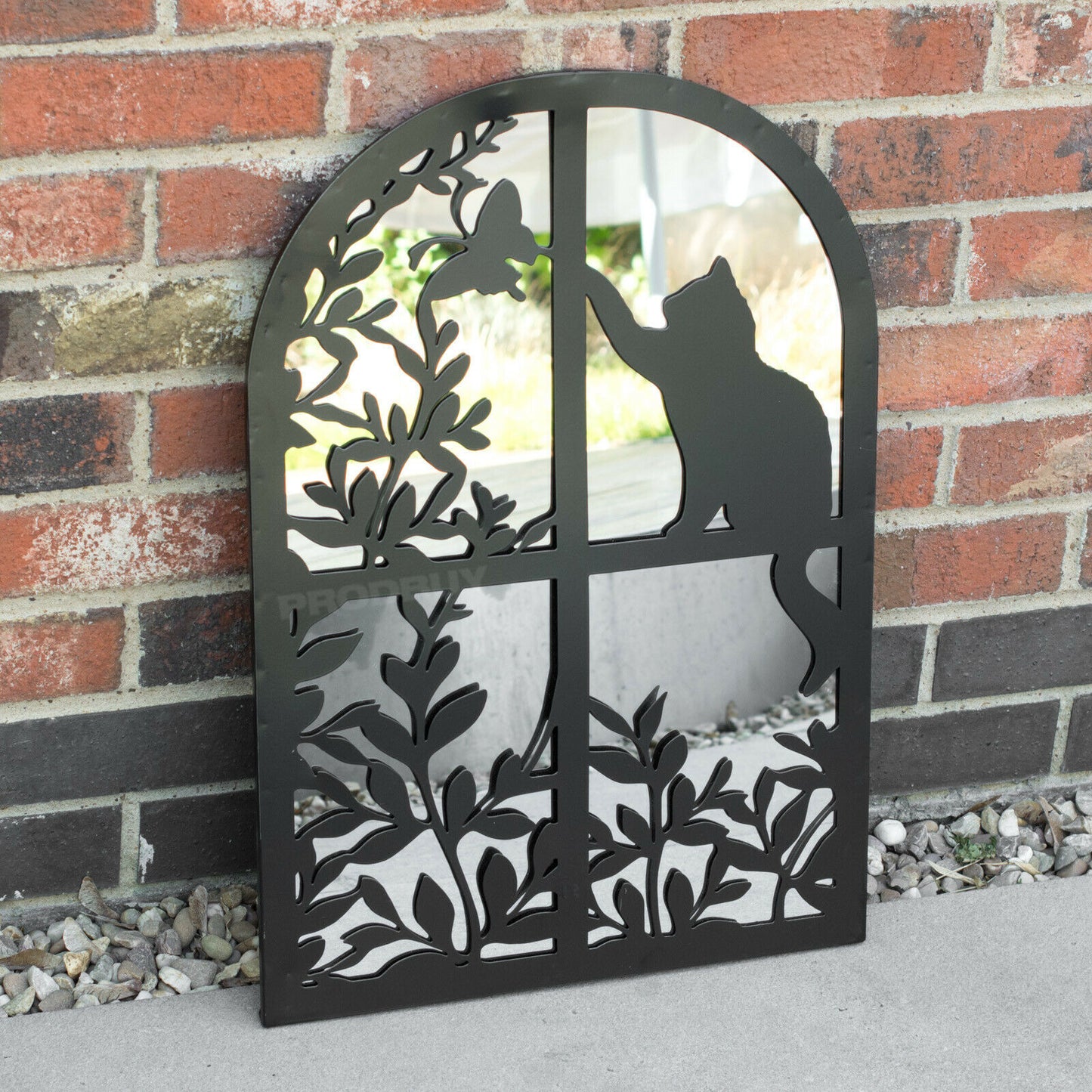 Cat 60cm Arch Black Metal Garden Mirror