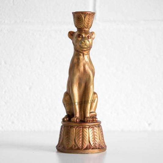Leopard Candle Stick Holder 24.5cm Gold Brass Colour Resin
