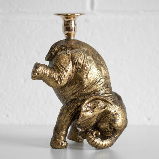 Elephant Candle Stick Holder 9" Resin Quirky Ornament Aged Gold Effect