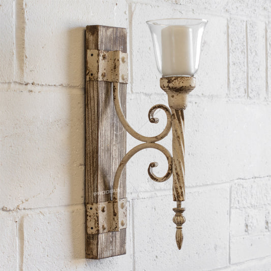 Rustic Wooden & Metal Wall Mounted Candle Holder Sconce