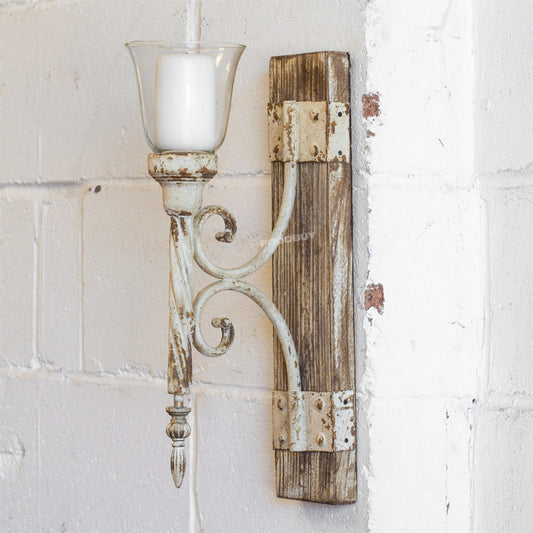 Rustic Wooden & Metal Wall Mounted Candle Holder Sconce